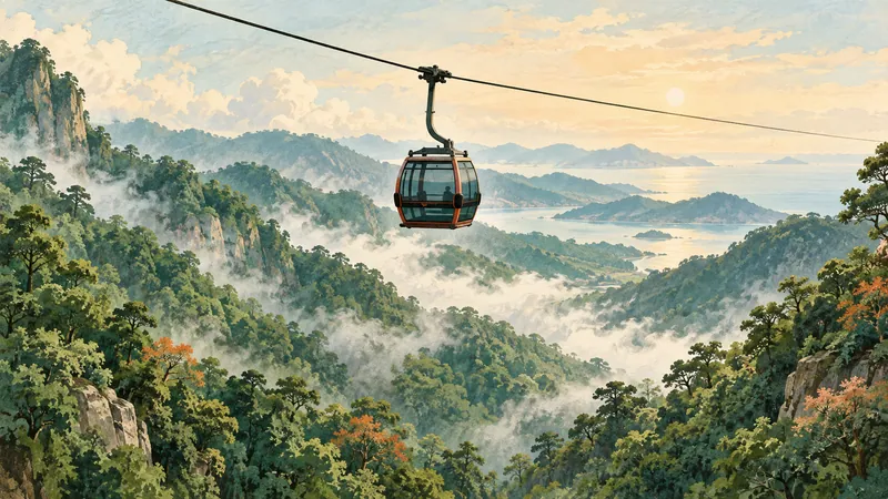 Illustration of a cable car above forested hills inspired by Ba Na Hills