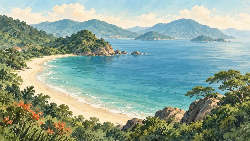 Illustration of the central Vietnam coast and forested hills