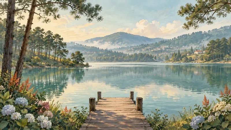 Illustration of a pine-lined highland lake inspired by Da Lat