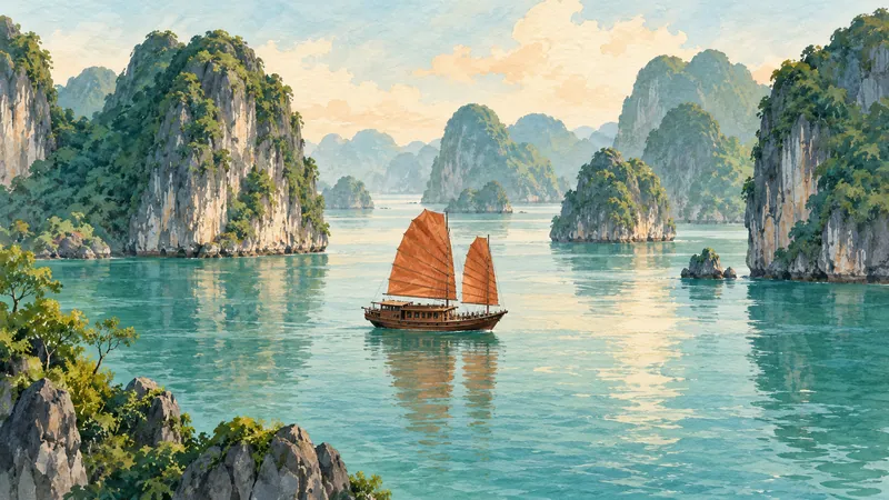 Illustration of a wooden sailboat and limestone islands inspired by Ha Long Bay