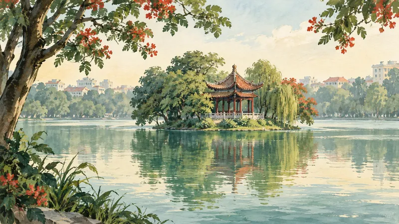 Illustration of a leafy lakeside pavilion inspired by Hanoi