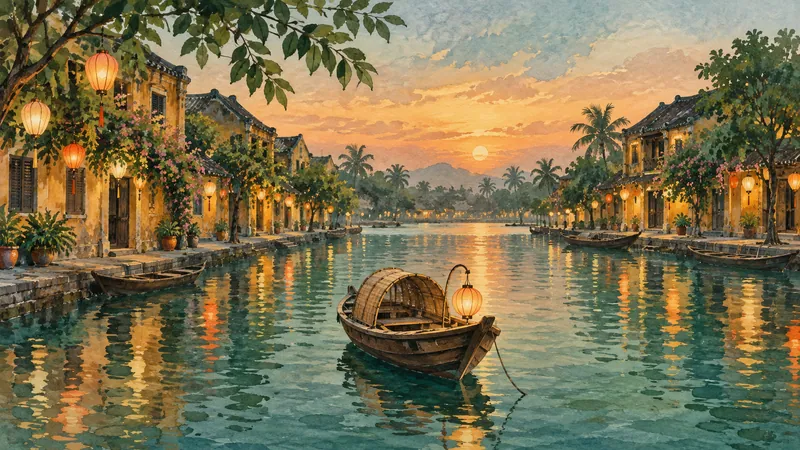 Illustration of a riverside boat and lanterns inspired by Hoi An