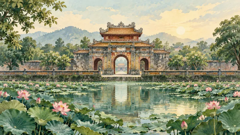 Illustration of an imperial-style gateway and lotus pond inspired by Hue