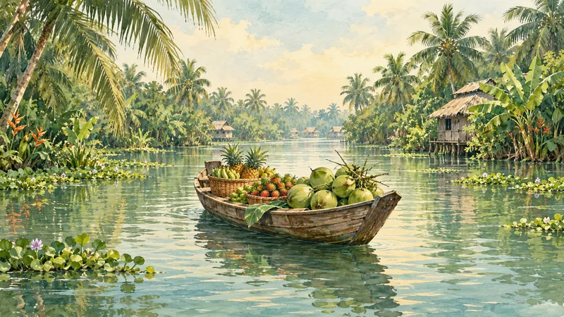 Illustration of a produce boat in a Mekong Delta waterway