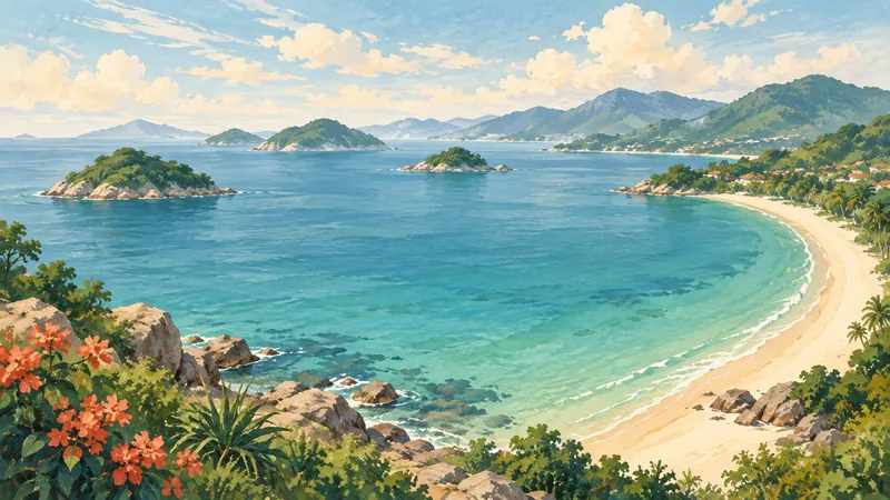 Illustration of a seaside bay and islands inspired by Nha Trang