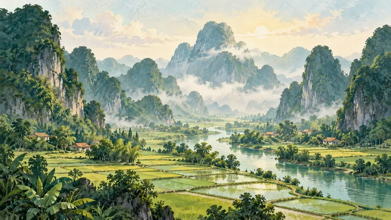 Illustration of northern Vietnam mountains and rice fields