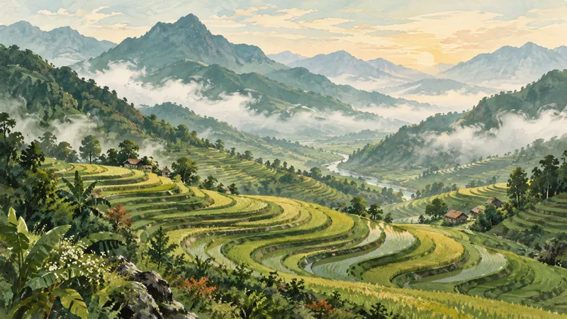 Illustration of terraced rice fields inspired by Sapa