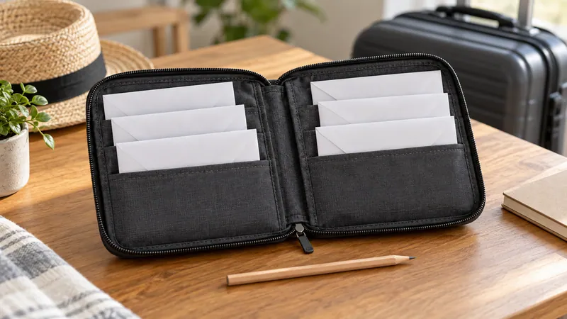 Travel wallet, envelopes and pencil for organising a trip budget
