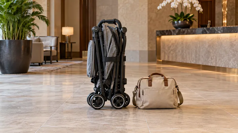 Compact folded stroller and day bag for travelling with a toddler