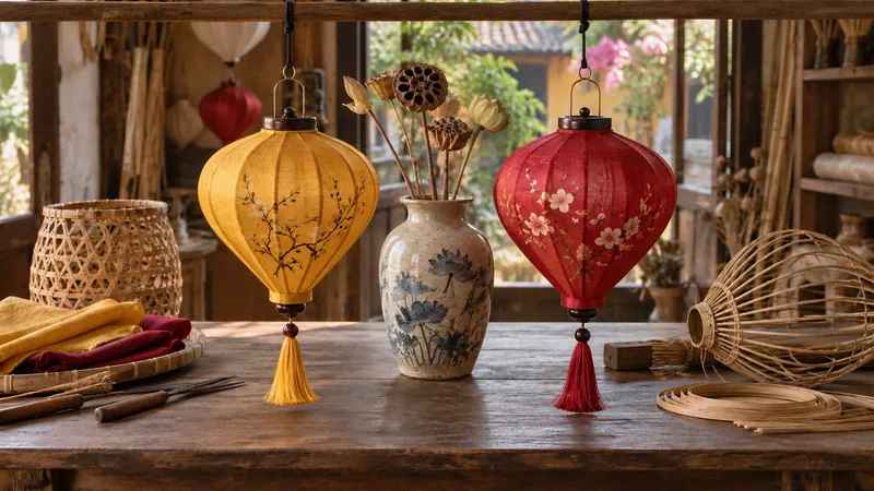 Silk lanterns and traditional craft materials in a workshop