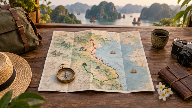 Paper route map and compass for planning Vietnam travel