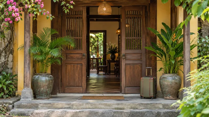 Guesthouse entrance with wooden doors and potted plants